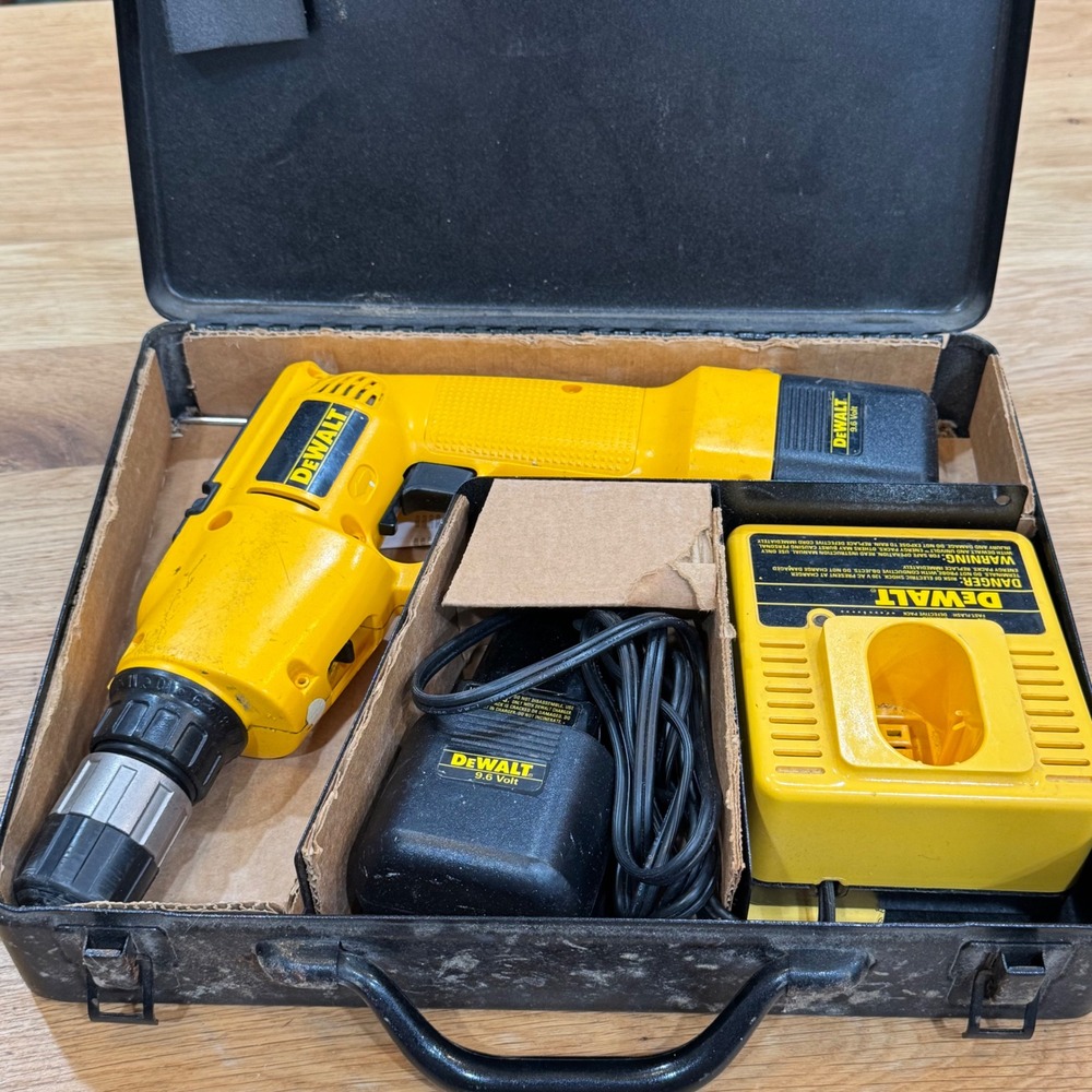 Vintage DeWalt 9.6V Cordless Drill Set with Metal Case Charger & Manual - Works